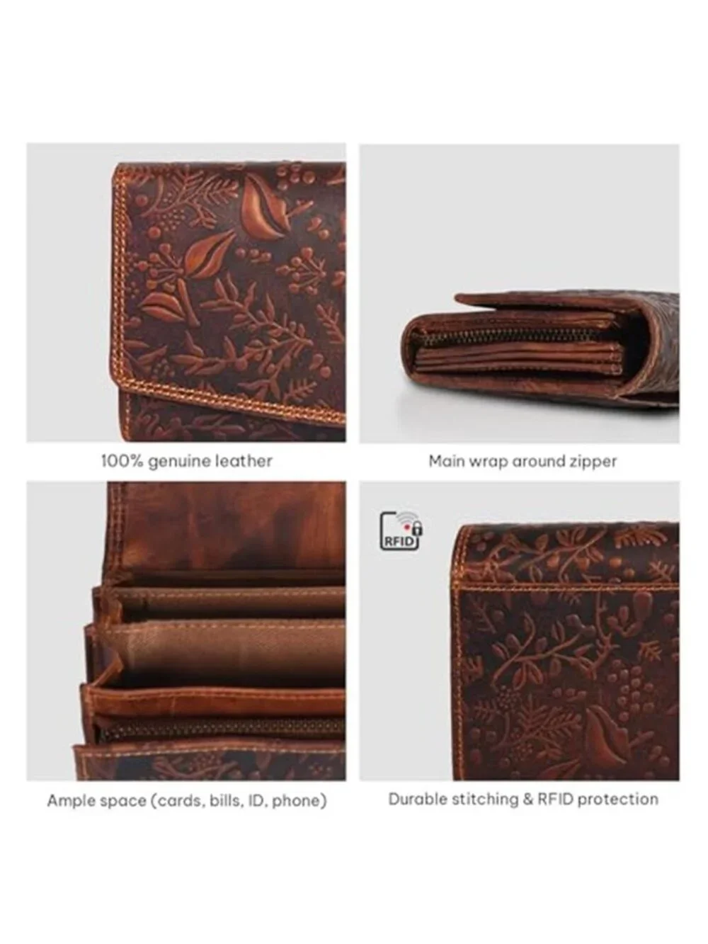 Womens Leather Wallet RFID Blocking Cognac Floral Embossed Bifold Card Organizer